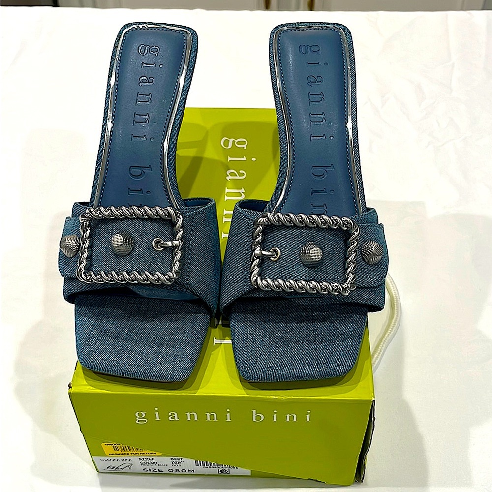 Gianni Bini Blue Denim Mules with Decorative Buckle (8) - Picture 3 of 5